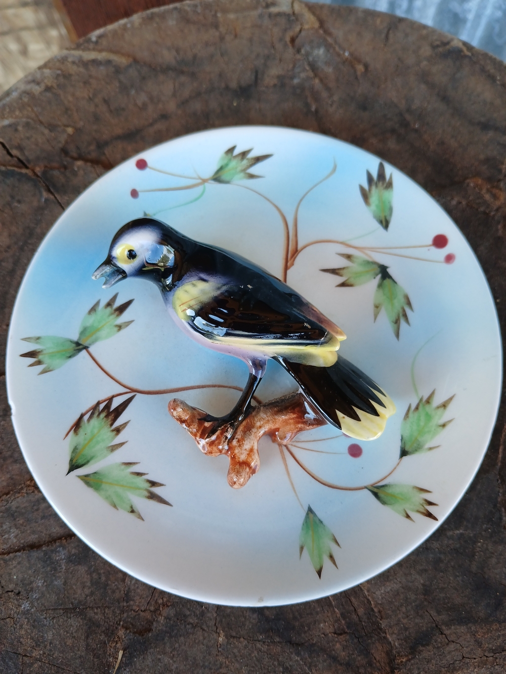 Hand-Painted Ceramic Bird Figurine in Black and Yellow